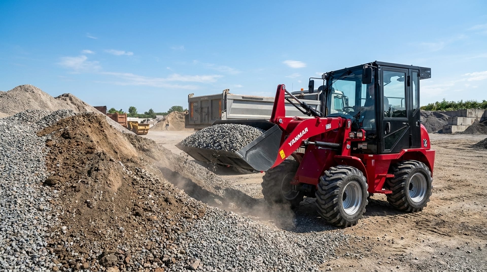 Minicargador Yanmar V4-7 en Chile cargando grava en una obra de construcción