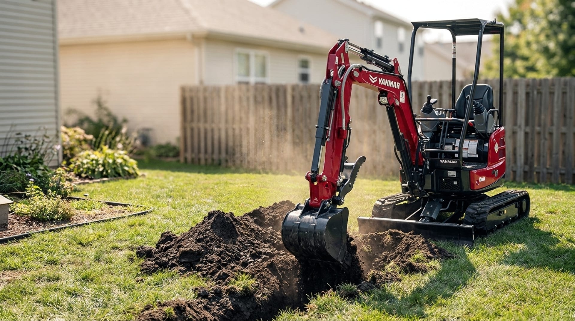 Miniexcavadora Yanmar ViO17 en Chile excavando en un jardín residencial