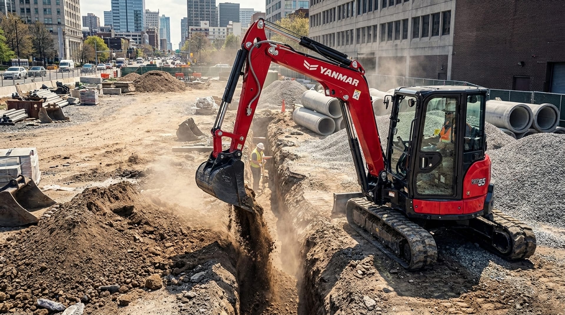 Miniexcavadora Yanmar ViO55 en Chile excavando una zanja de servicios
